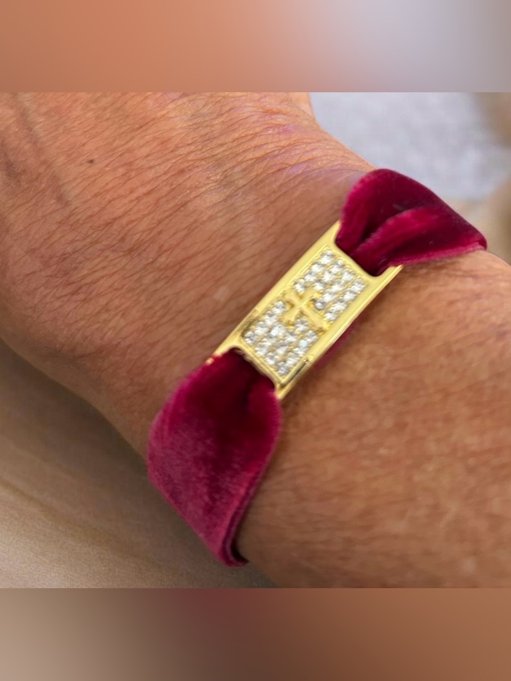 Gold Plate Cross Accent Velvet Bracelet in Deep wine